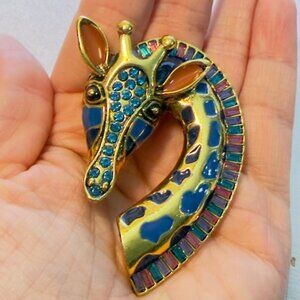 Giraffe Brooch Enamel Rhinestone Statement Animal Pin 3" Tall